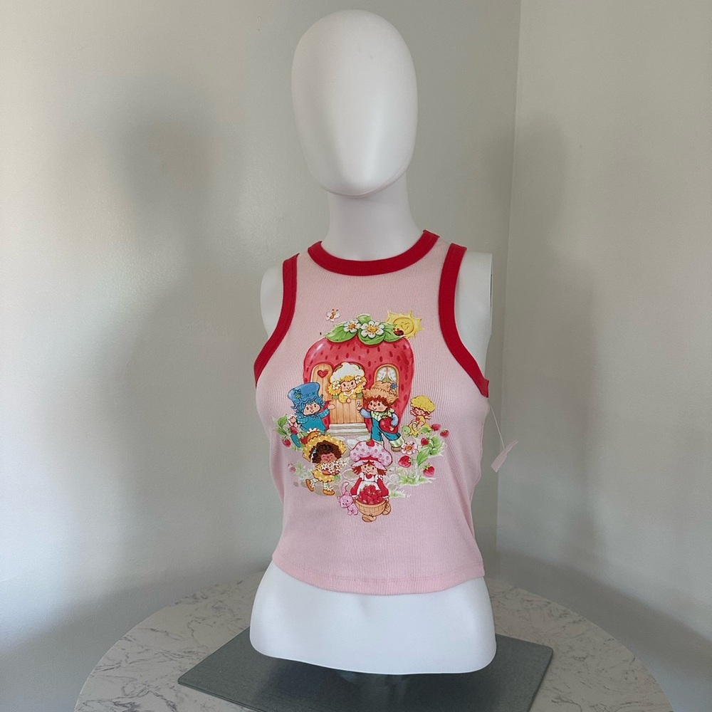 Pink Strawberry Graphic Ringer Tank Top